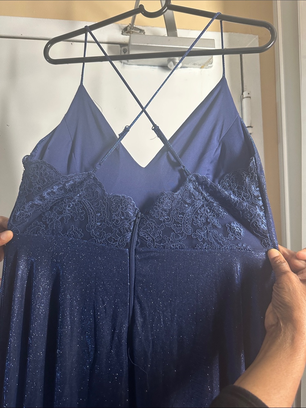 Windsor Navy Lace Bodice Sparkle Prom Dress